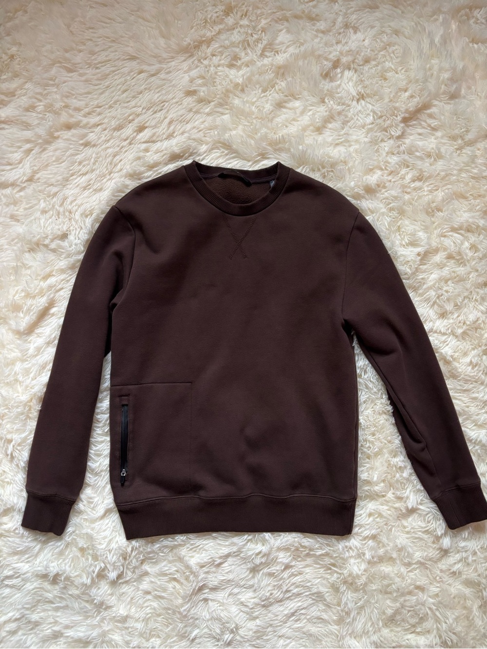 Natori Brown Fleece Lined Crewneck Pullover Zip Pocket Womens Small Cozy